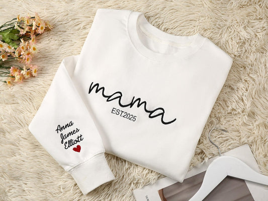 Custom Mama Embroidered Shirt With Kids Names On Sleeve