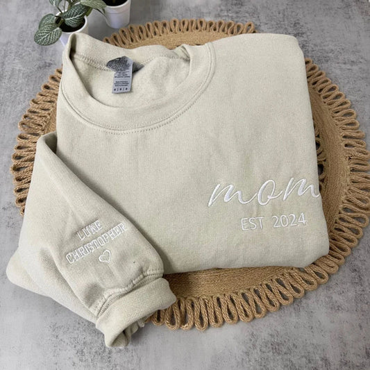 Personalized Embroidered Mom Crewneck with Kids Names On Sleeve