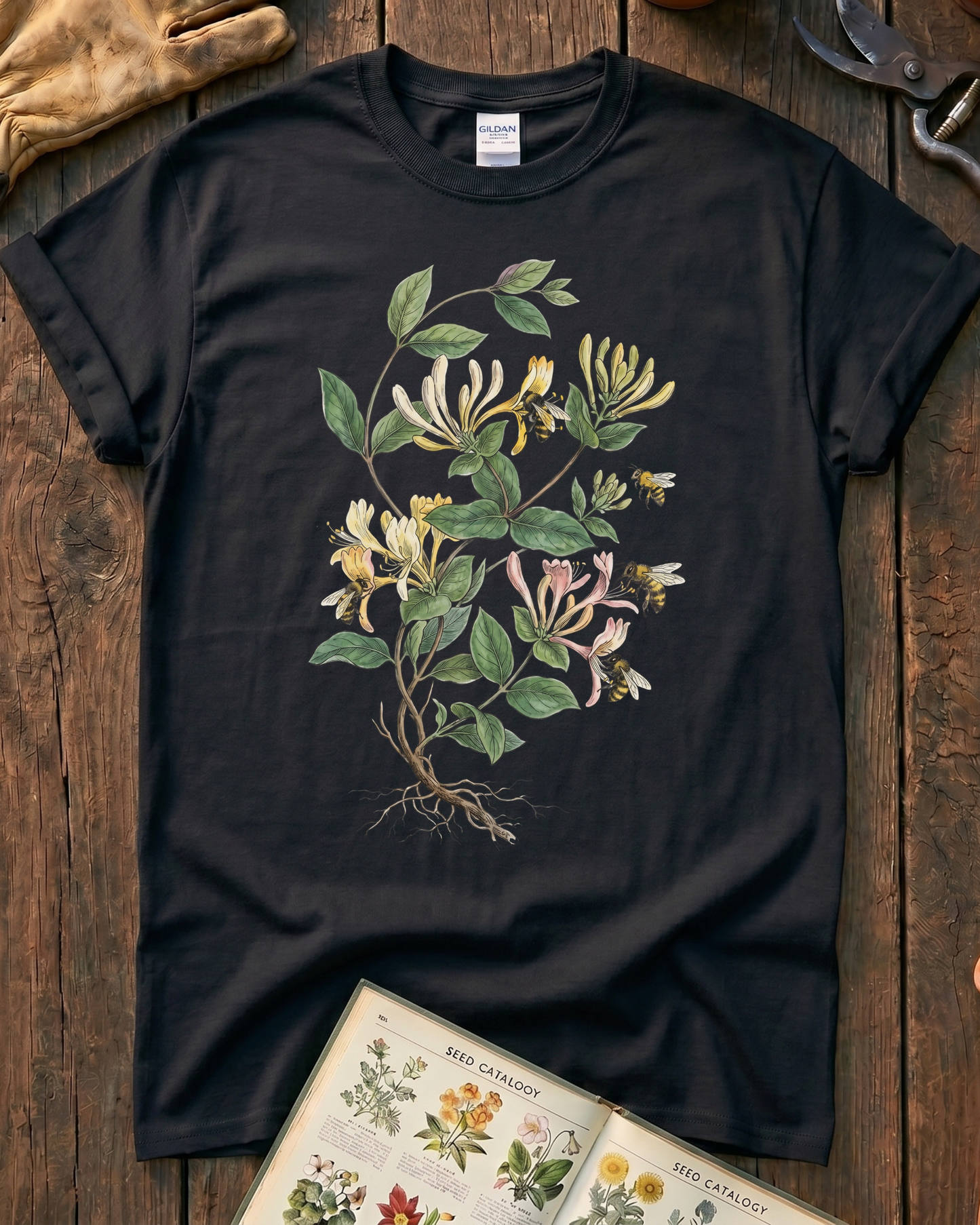Vintage Honeysuckle Flower Bee T‑Shirt